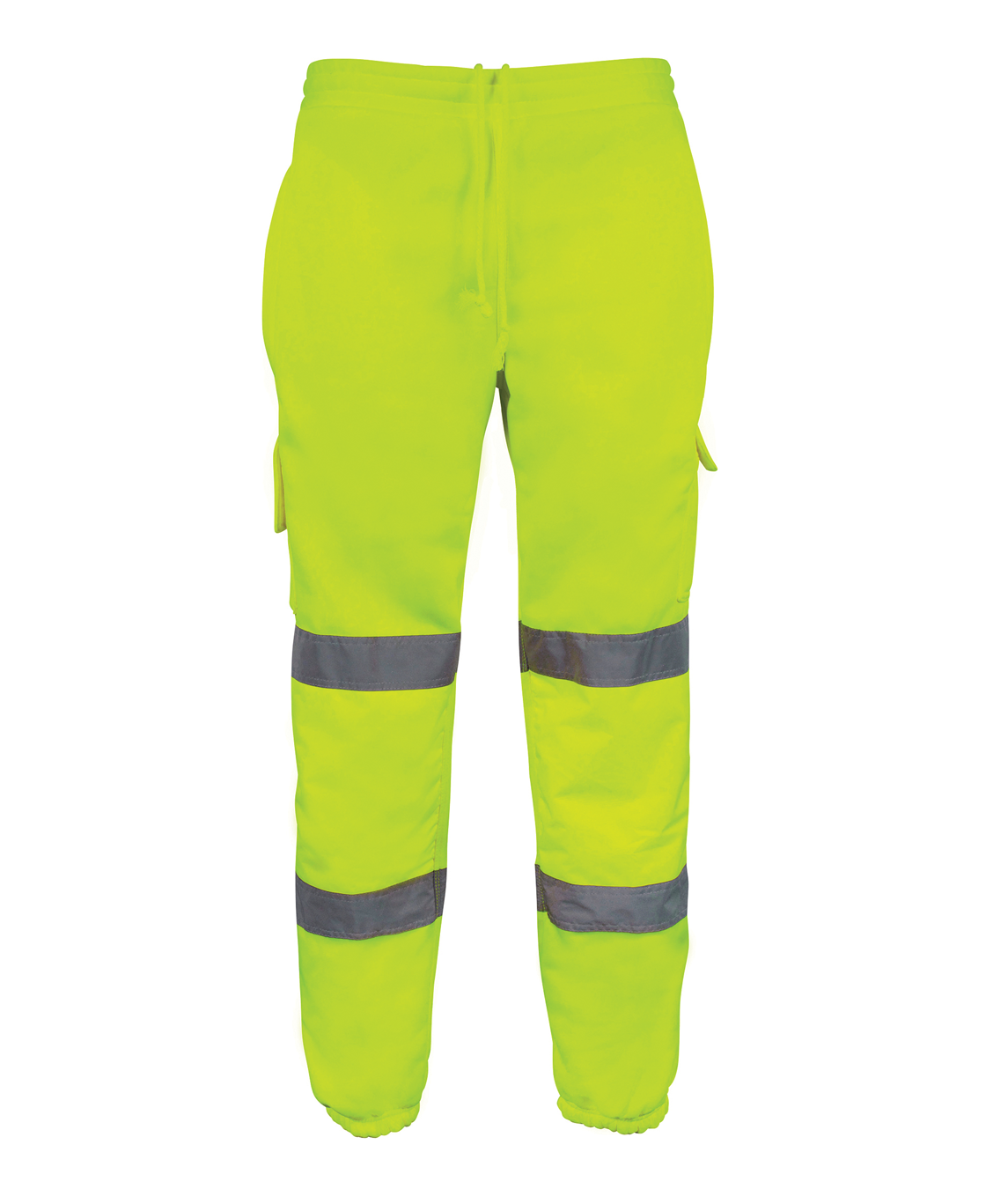 High-visibility yellow jogger-style work pants with dual reflective bands on each leg features include a drawstring waist, elastic cuffs, and cargo pockets for utility by MAK Boots & Garments.