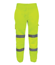 High-visibility yellow jogger-style work pants with dual reflective bands on each leg features include a drawstring waist, elastic cuffs, and cargo pockets for utility by MAK Boots & Garments.