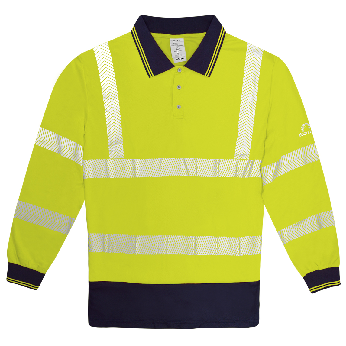 High-visibility yellow long-sleeve polo shirt with navy collar and cuffs, featuring reflective chevron tape across the torso, arms, and shoulders for enhanced visibility. by MAK Boots & Garments