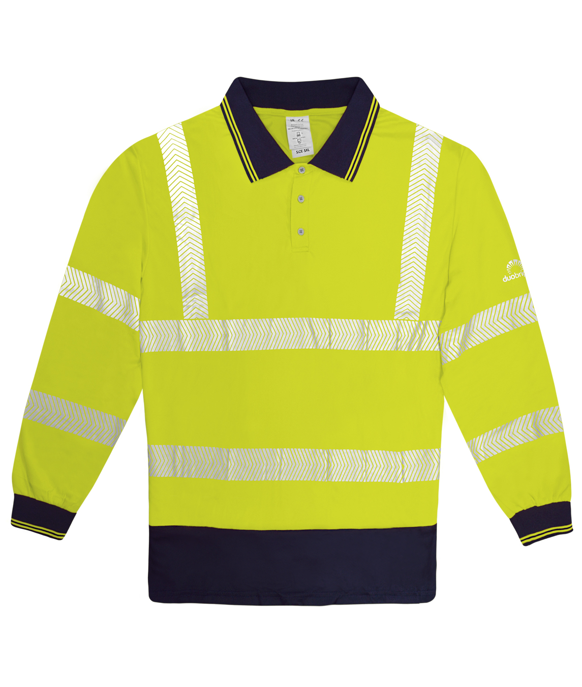High-visibility yellow long-sleeve polo shirt with navy collar and cuffs, featuring reflective chevron tape across the torso, arms, and shoulders for enhanced visibility. by MAK Boots & Garments