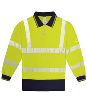 High-visibility yellow long-sleeve polo shirt with navy collar and cuffs, featuring reflective chevron tape across the torso, arms, and shoulders for enhanced visibility. by MAK Boots & Garments