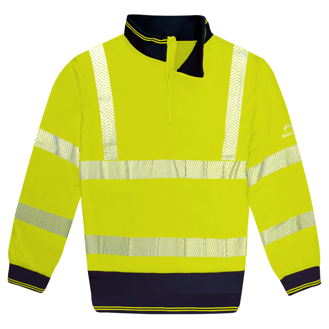 High-visibility yellow long-sleeve pullover with navy contrast on the inner collar, cuffs, and hem, featuring reflective chevron stripes on the chest, waist, arms, and shoulders, and a quarter zip front for easy wear.
by MAK Boots & Garments