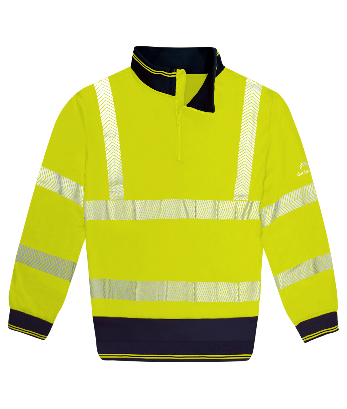 High-visibility yellow long-sleeve pullover with navy contrast on the inner collar, cuffs, and hem, featuring reflective chevron stripes on the chest, waist, arms, and shoulders, and a quarter zip front for easy wear.
by MAK Boots & Garments