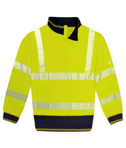 High-visibility yellow long-sleeve pullover with navy contrast on the inner collar, cuffs, and hem, featuring reflective chevron stripes on the chest, waist, arms, and shoulders, and a quarter zip front for easy wear.
by MAK Boots & Garments