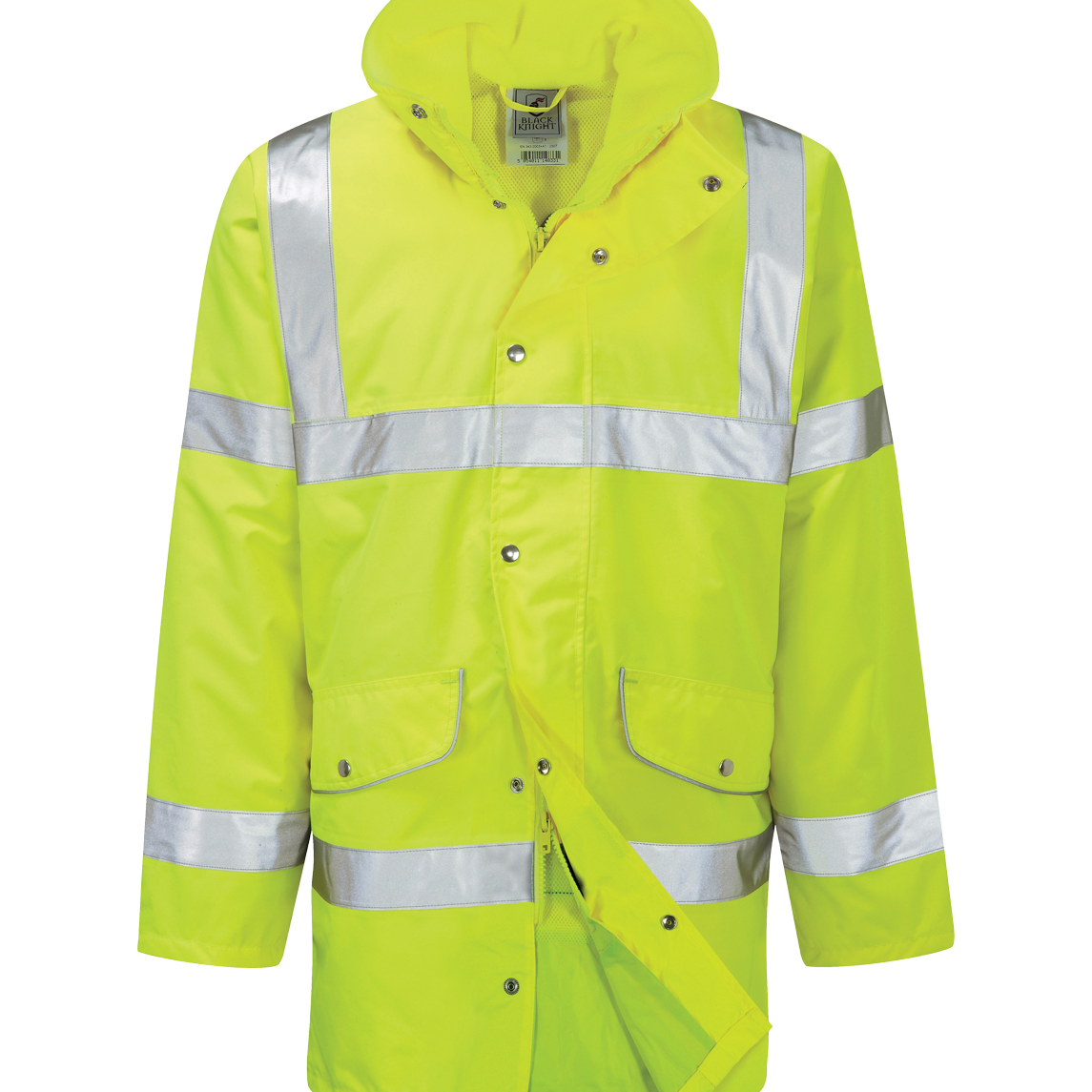High-visibility yellow rain jacket with reflective silver tape across the chest, arms, and hem. The jacket features a hood, front snap-button flap over a zipper closure, flap pockets, and a breathable mesh lining for ventilation. Designed for safety and weather protection. by MAK Boots & Garments