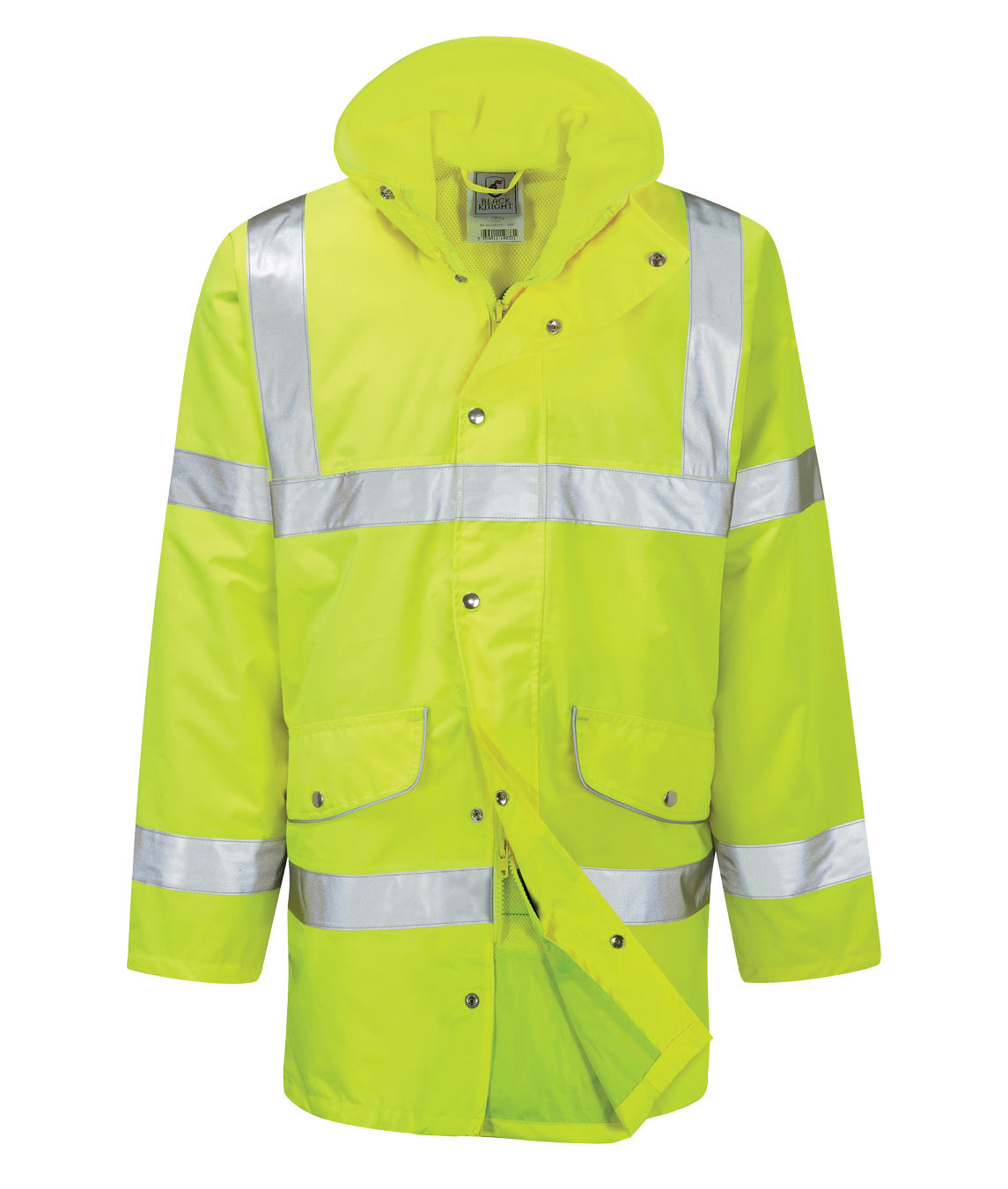 High-visibility yellow rain jacket with reflective silver tape across the chest, arms, and hem. The jacket features a hood, front snap-button flap over a zipper closure, flap pockets, and a breathable mesh lining for ventilation. Designed for safety and weather protection. by MAK Boots & Garments