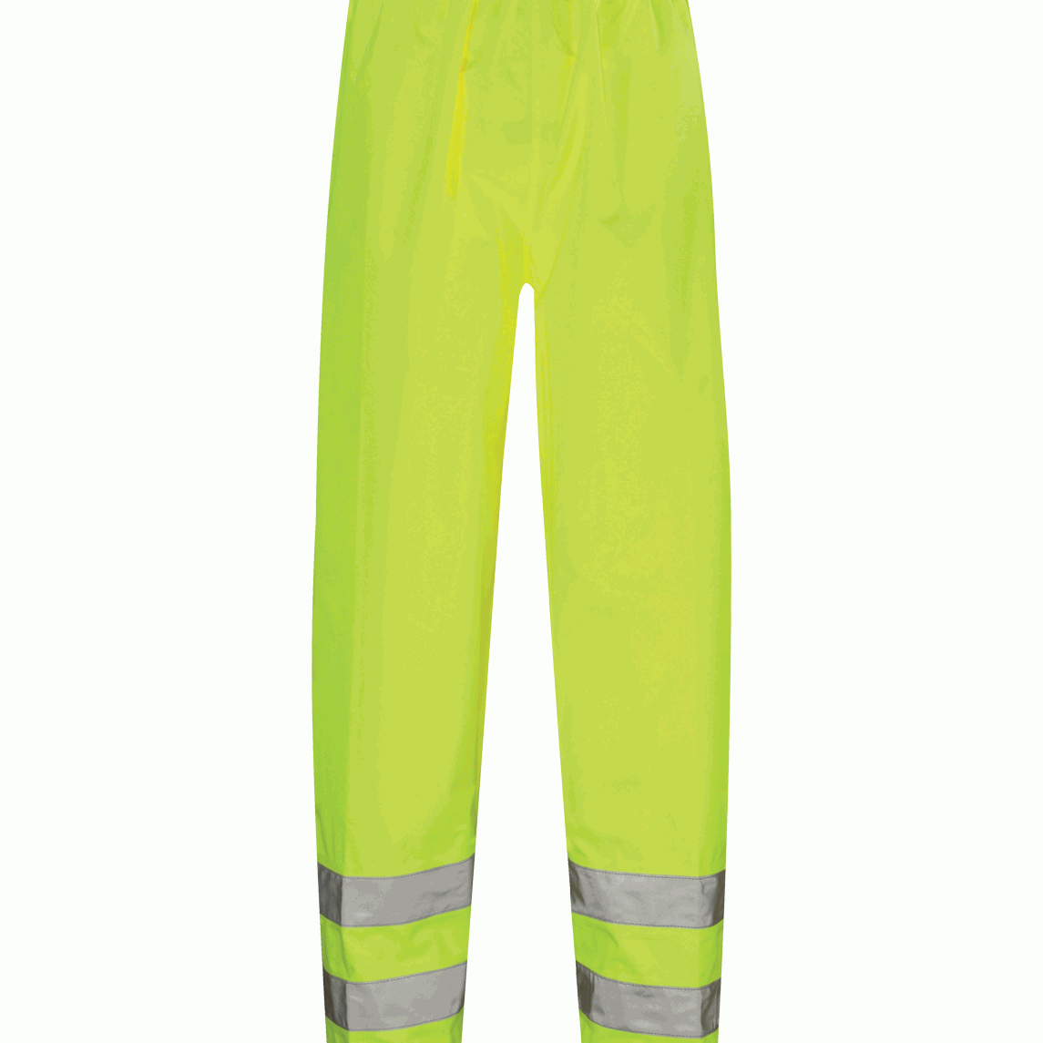 High-visibility yellow rain pants with silver reflective tape around the lower legs lightweight waterproof design with an elasticated waistband for comfort and flexibility by MAK Boots & Garments.