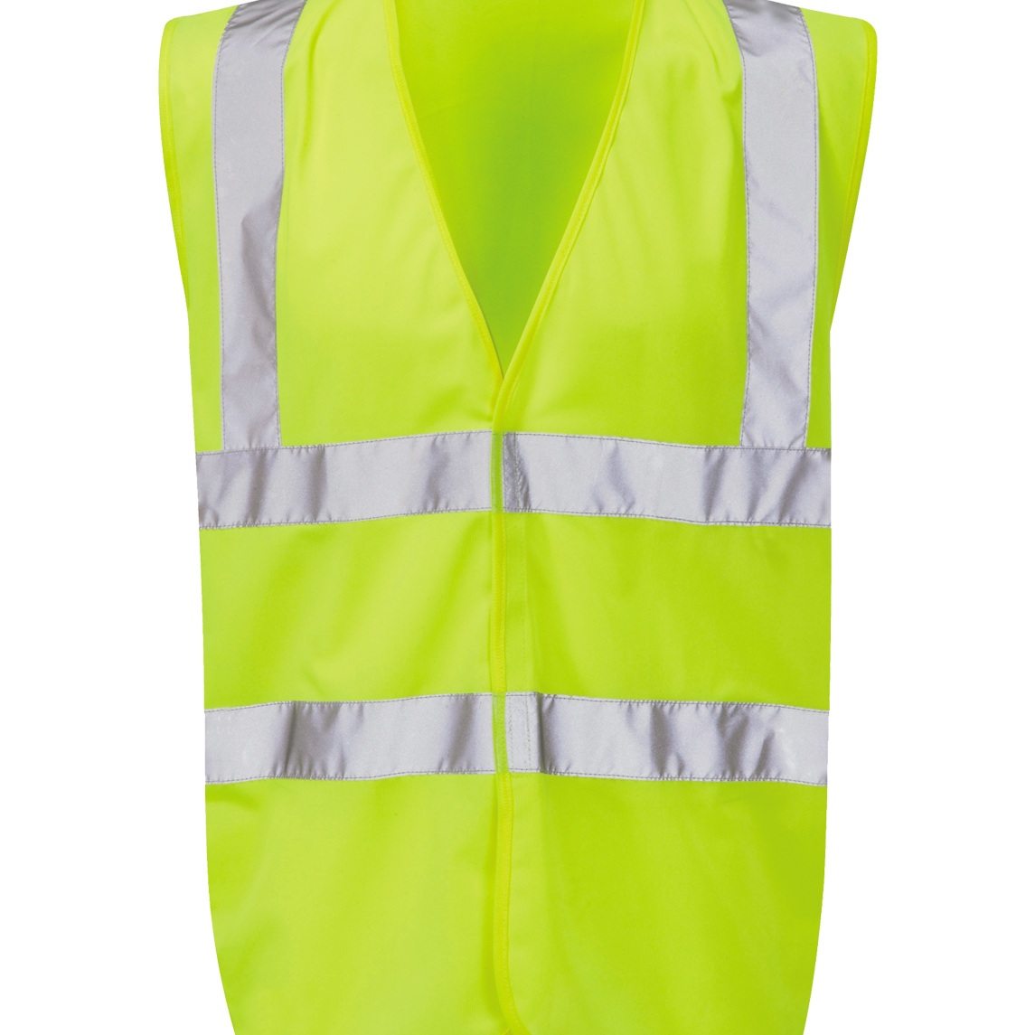 High-visibility yellow safety vest with reflective silver stripes across the chest, shoulders, and back sleeveless design with a Velcro front closure by MAK Boots & Garments.