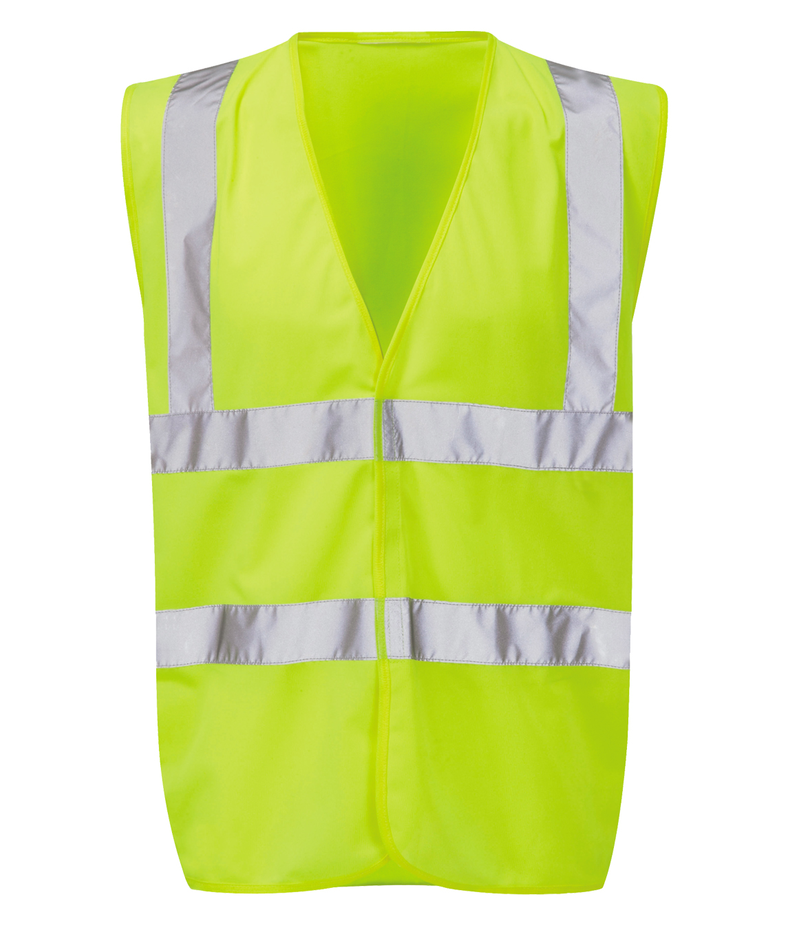 High-visibility yellow safety vest with reflective silver stripes across the chest, shoulders, and back sleeveless design with a Velcro front closure by MAK Boots & Garments.