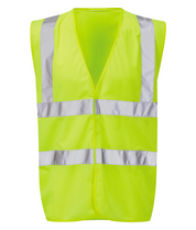 High-visibility yellow safety vest with reflective silver stripes across the chest, shoulders, and back sleeveless design with a Velcro front closure by MAK Boots & Garments.