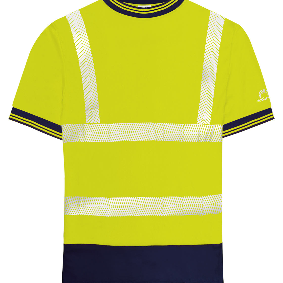 High-visibility yellow short-sleeve T-shirt with navy accents on the collar, cuffs, and hem, featuring reflective chevron tape across the chest, waist, and shoulders for enhanced safety and visibility. by MAK Boots & Garments