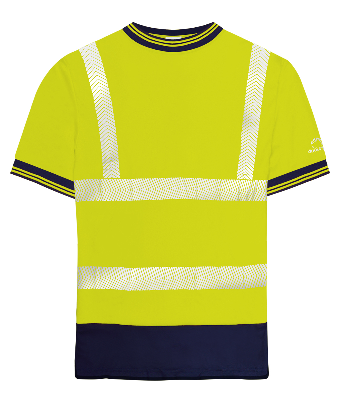 High-visibility yellow short-sleeve T-shirt with navy accents on the collar, cuffs, and hem, featuring reflective chevron tape across the chest, waist, and shoulders for enhanced safety and visibility. by MAK Boots & Garments