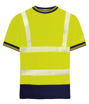 High-visibility yellow short-sleeve T-shirt with navy accents on the collar, cuffs, and hem, featuring reflective chevron tape across the chest, waist, and shoulders for enhanced safety and visibility. by MAK Boots & Garments