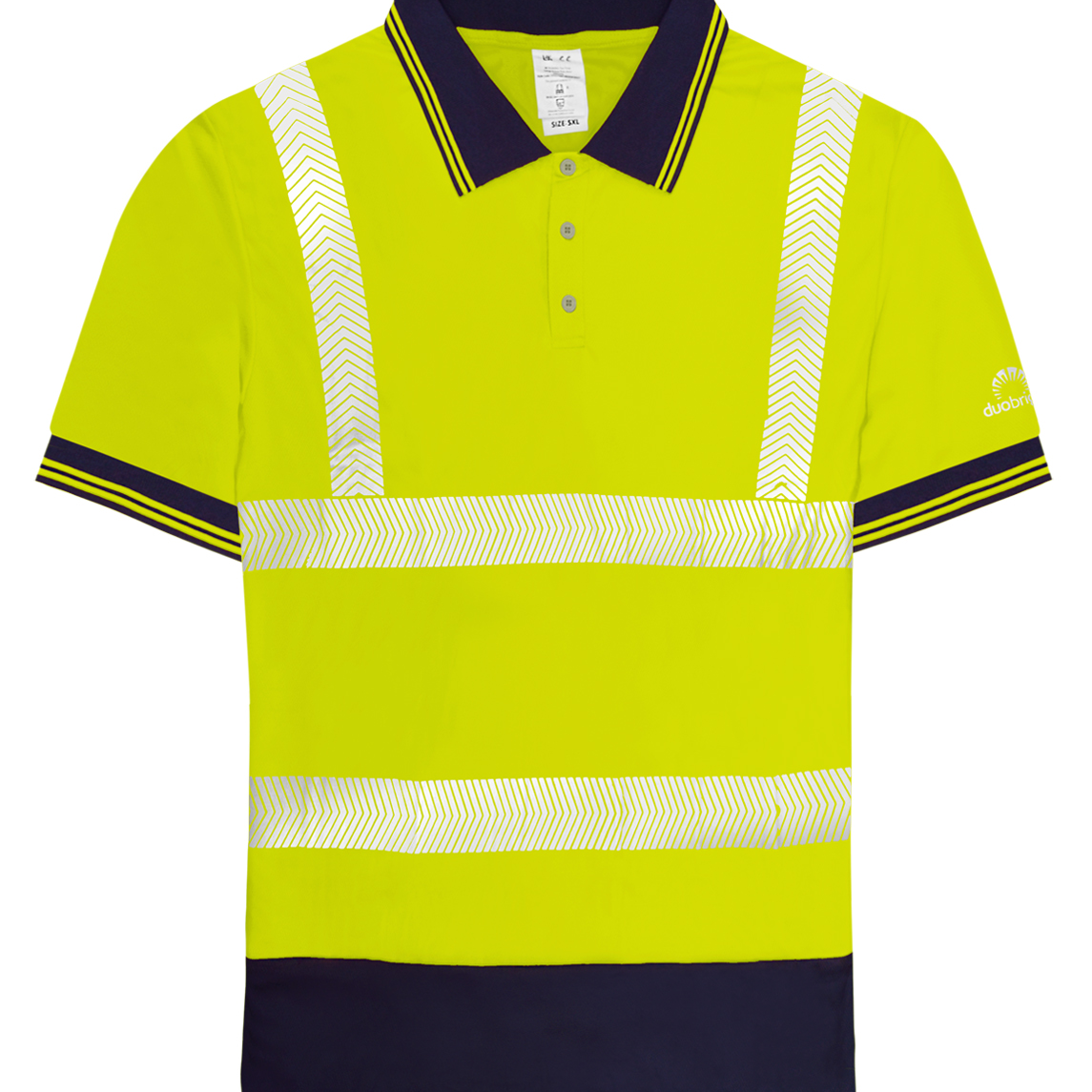 High-visibility yellow long-sleeve polo shirt with navy collar and cuffs by MAK Boots & Garments