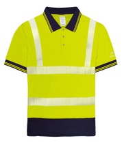High-visibility yellow long-sleeve polo shirt with navy collar and cuffs by MAK Boots & Garments