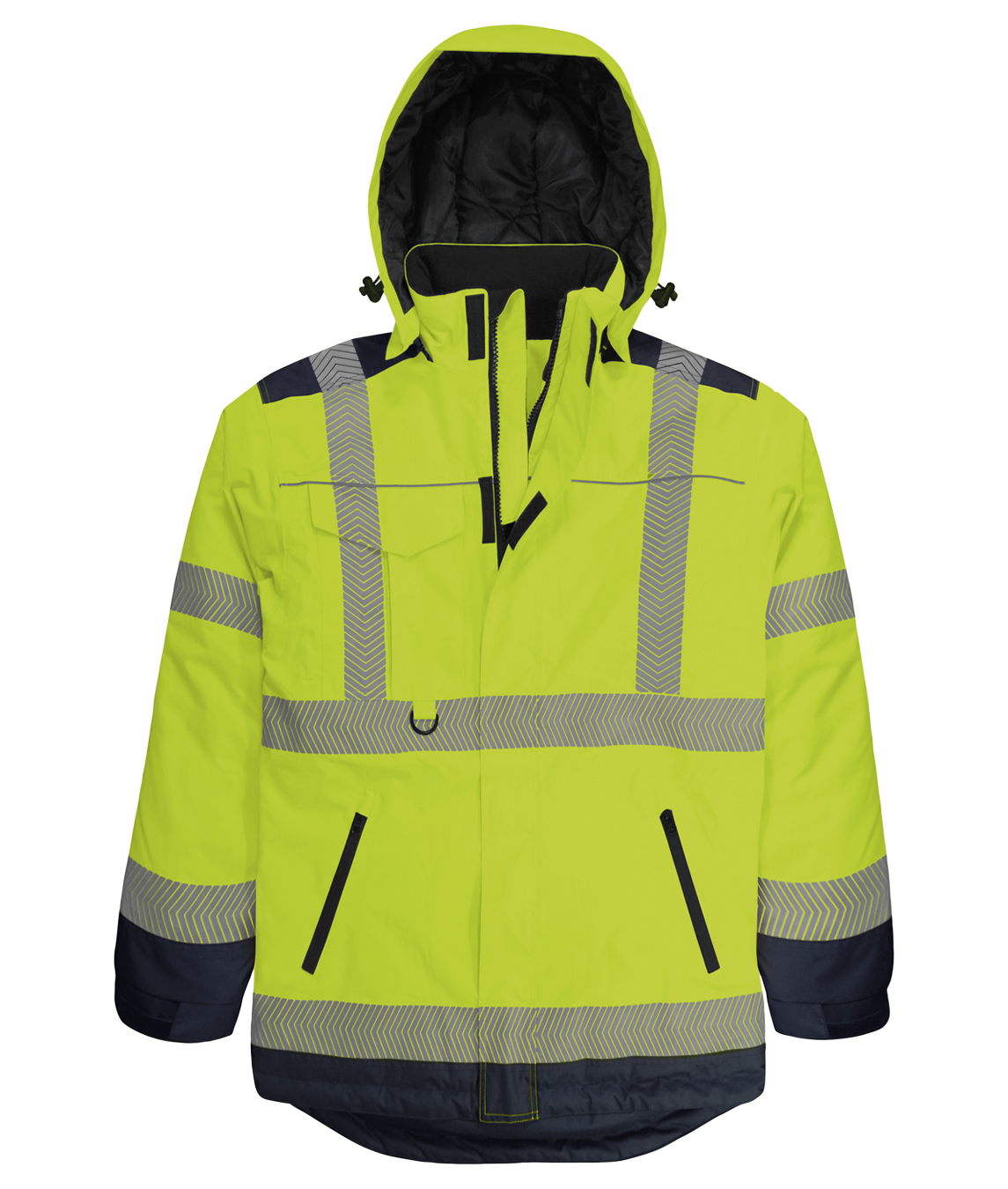 High-visibility yellow winter jacket with a hood, navy contrast panels, and reflective chevron tape across the torso, arms, and shoulders. Features include a storm flap, zippered hand pockets, and adjustable drawcords on the hood for weather protection.
by MAK Boots & Garments