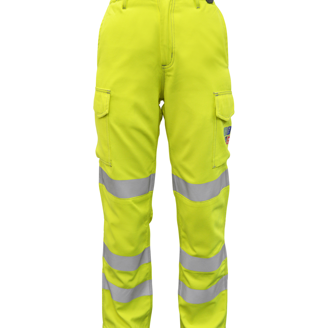 High-visibility yellow women's work trousers with reflective tape detailing cargo-style fit with dual thigh pockets, belt loops, and reinforced seams, designed for industrial safety and visibility by MAK Boots & Garments.