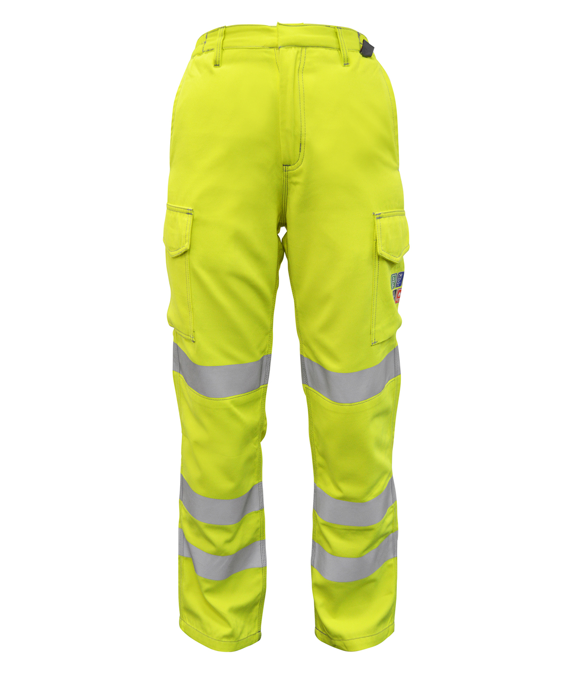 High-visibility yellow women's work trousers with reflective tape detailing cargo-style fit with dual thigh pockets, belt loops, and reinforced seams, designed for industrial safety and visibility by MAK Boots & Garments.