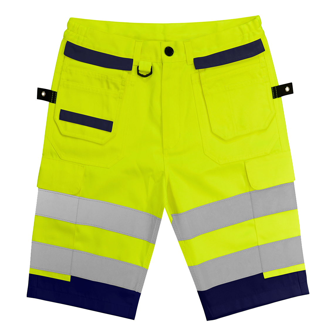 High-visibility yellow work shorts with navy detailing, dual reflective bands on each leg, utility pockets, and tool loops.
by MAK Boots & Garments