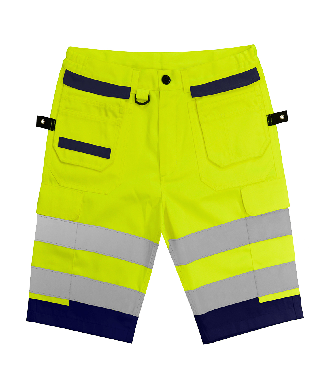 High-visibility yellow work shorts with navy detailing, dual reflective bands on each leg, utility pockets, and tool loops.
by MAK Boots & Garments