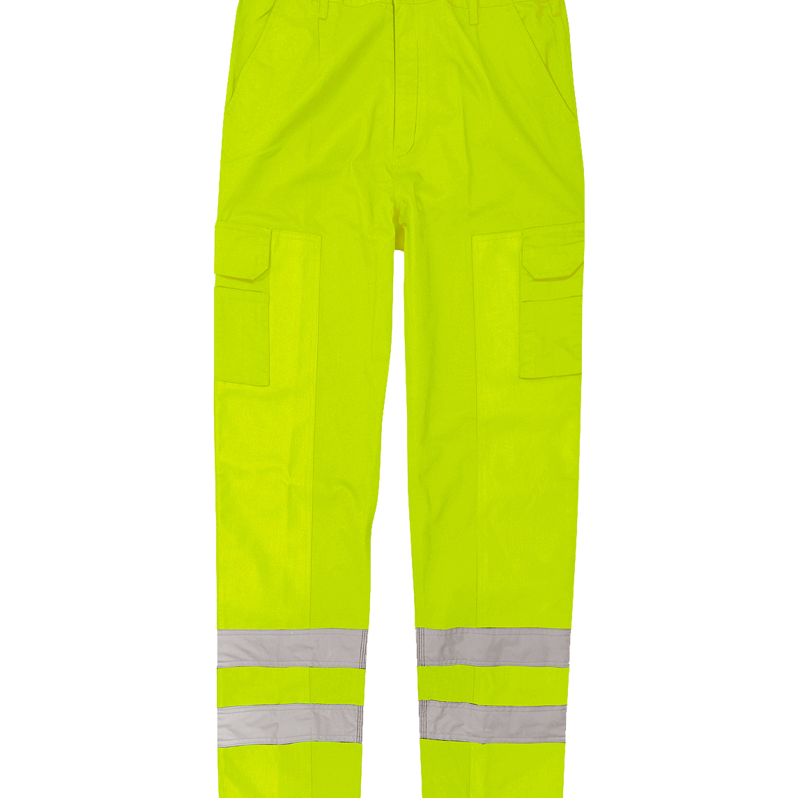 High-visibility yellow work trousers featuring dual cargo pockets, belt loops, and two bands of reflective tape around each lower leg for enhanced safety in low-light environments.
by MAK Boots & Garments