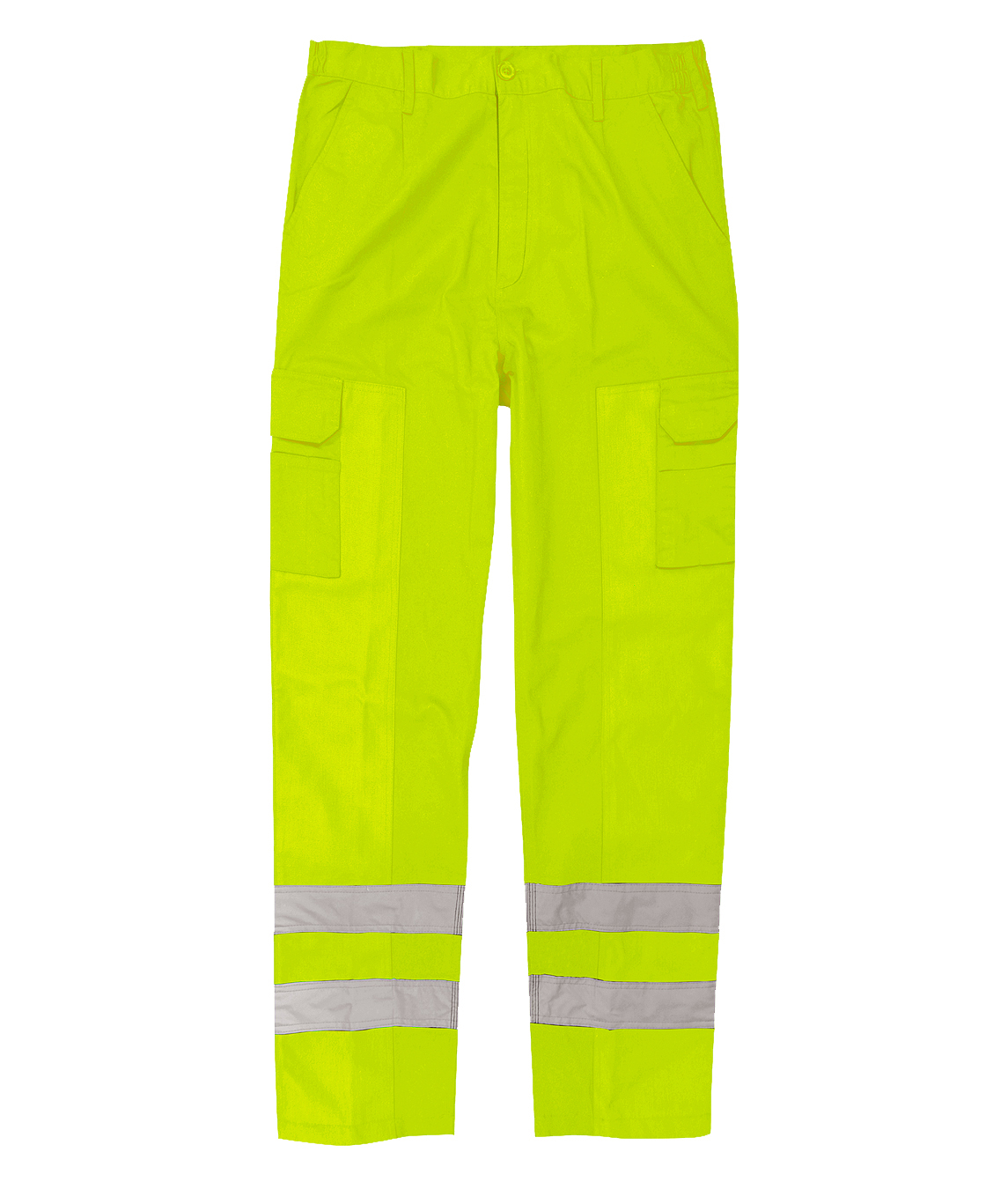 High-visibility yellow work trousers featuring dual cargo pockets, belt loops, and two bands of reflective tape around each lower leg for enhanced safety in low-light environments.
by MAK Boots & Garments