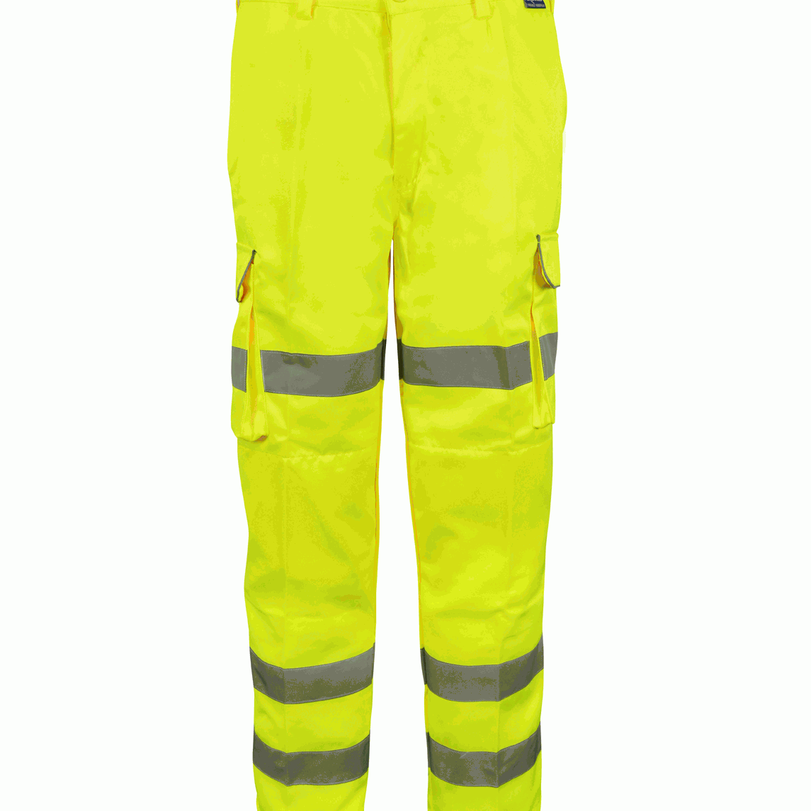 High-visibility yellow work trousers featuring silver reflective tape around the thighs and calves includes multiple cargo pockets and a buttoned waist for a secure fit by MAK Boots & Garments.