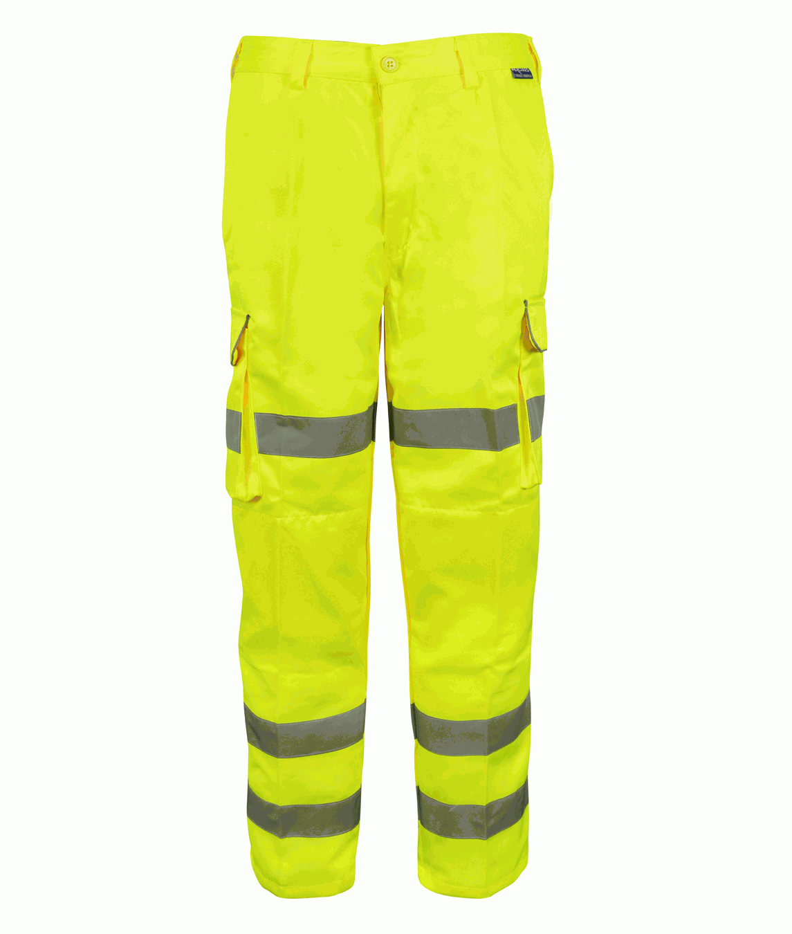High-visibility yellow work trousers featuring silver reflective tape around the thighs and calves includes multiple cargo pockets and a buttoned waist for a secure fit by MAK Boots & Garments.