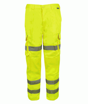 High-visibility yellow work trousers featuring silver reflective tape around the thighs and calves includes multiple cargo pockets and a buttoned waist for a secure fit by MAK Boots & Garments.