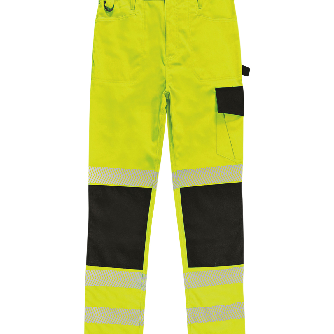 High-visibility yellow work trousers with black reinforced knee panels and reflective chevron tape around the lower legs. Designed with utility pockets, belt loops, and a D-ring for tools or keys.
by MAK Boots & Garments