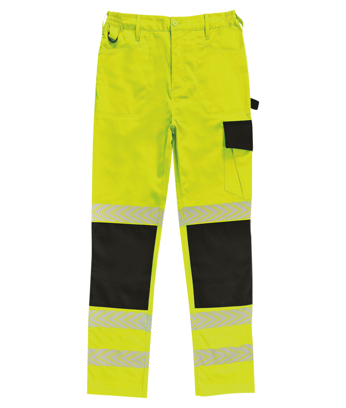 High-visibility yellow work trousers with black reinforced knee panels and reflective chevron tape around the lower legs. Designed with utility pockets, belt loops, and a D-ring for tools or keys.
by MAK Boots & Garments