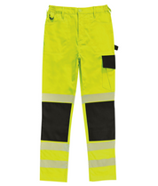 High-visibility yellow work trousers with black reinforced knee panels and reflective chevron tape around the lower legs. Designed with utility pockets, belt loops, and a D-ring for tools or keys.
by MAK Boots & Garments