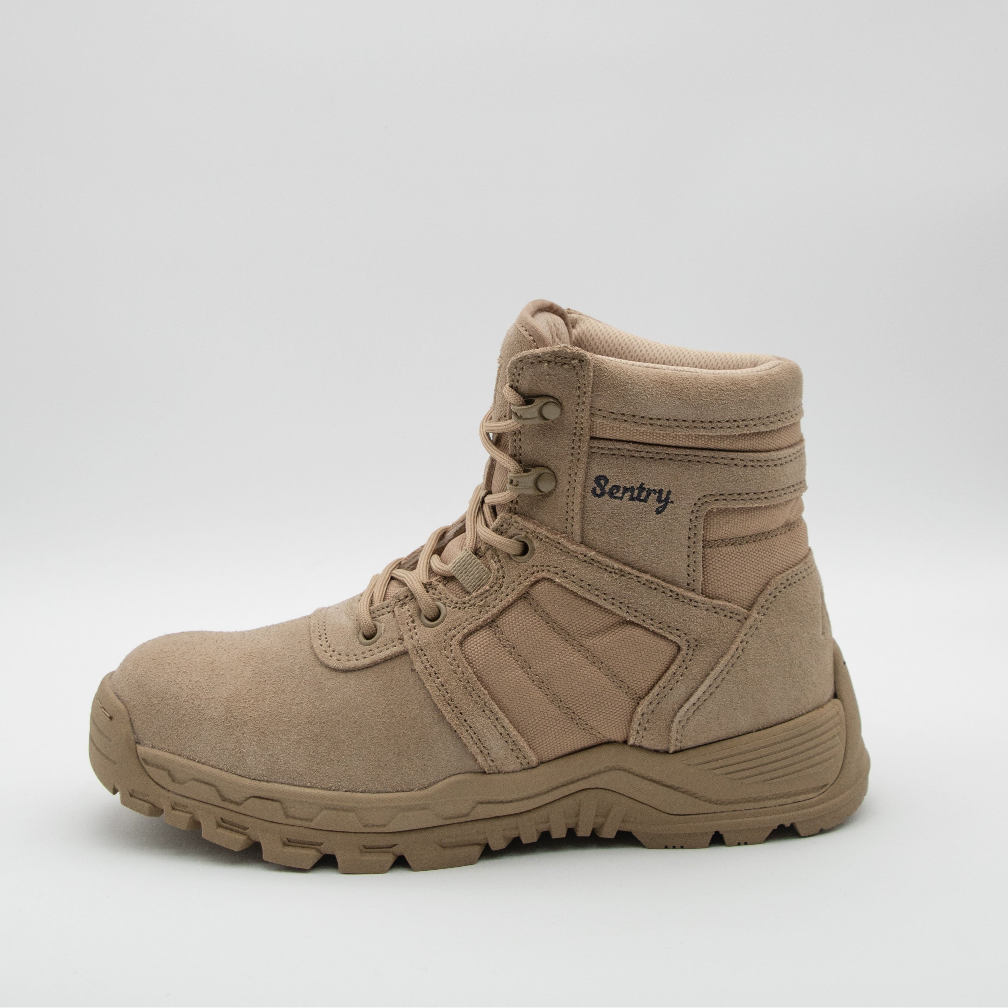 Tan boot with 'Sentry' branding on a white background