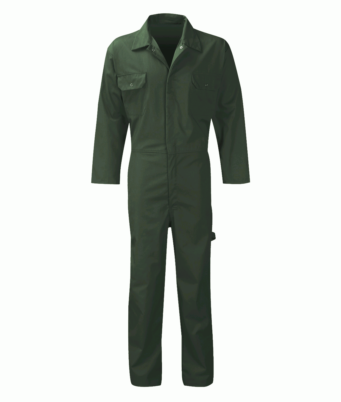 Industrial Green utility coverall with a front zip closure, snap-collar, chest flap pockets, and reinforced stitching, designed for durability, freedom of movement, and full-body protection on the job by MAK Boots & Garments.