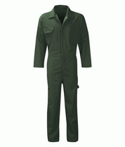 Industrial Green utility coverall with a front zip closure, snap-collar, chest flap pockets, and reinforced stitching, designed for durability, freedom of movement, and full-body protection on the job by MAK Boots & Garments.