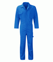 industrial blue utility coverall with a front zip closure, snap-collar, chest flap pockets, and reinforced stitching, designed for durability, freedom of movement, and full-body protection on the job by MAK Boots & Garments.