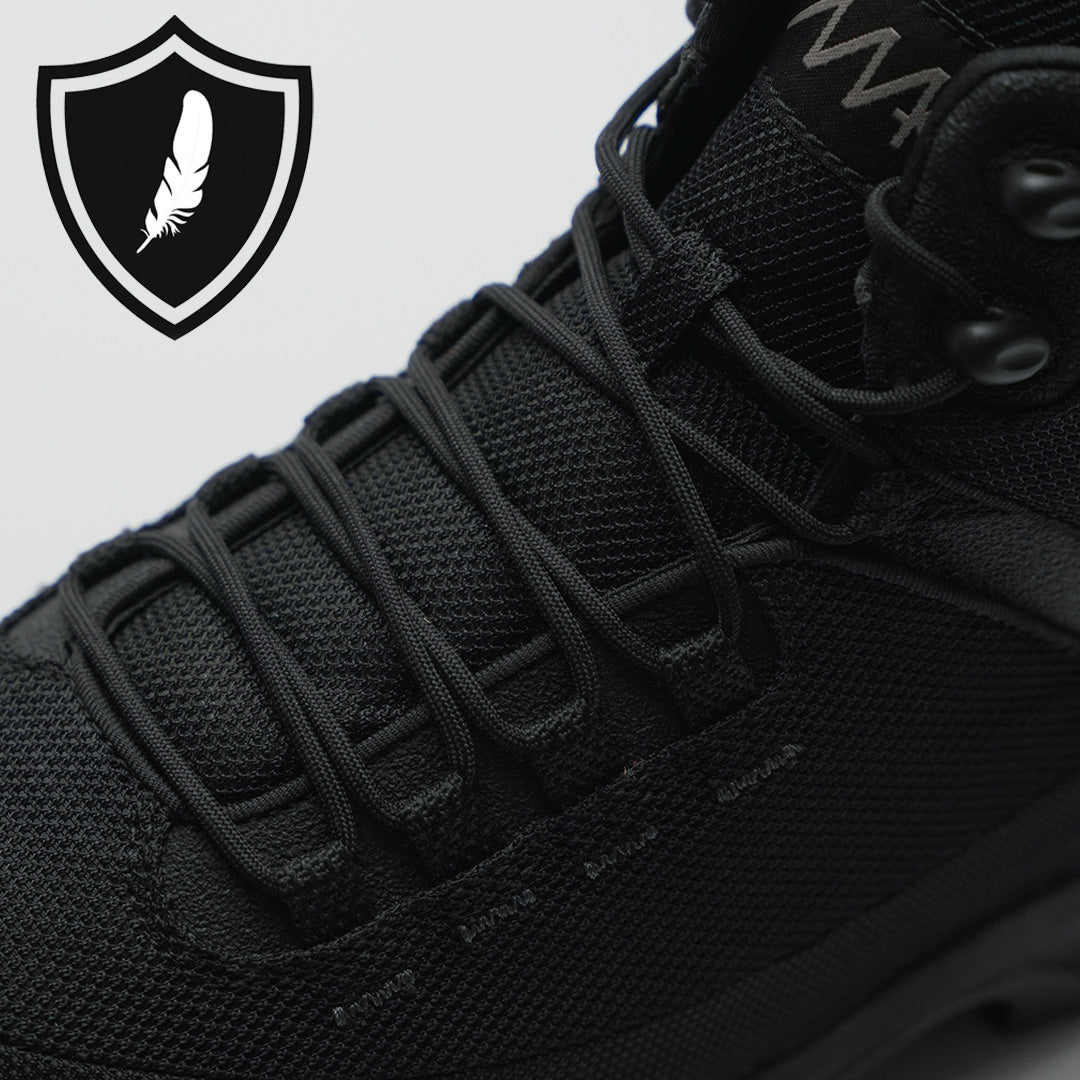 Delta X Black combat boot. Show close up of laces and feather vector 