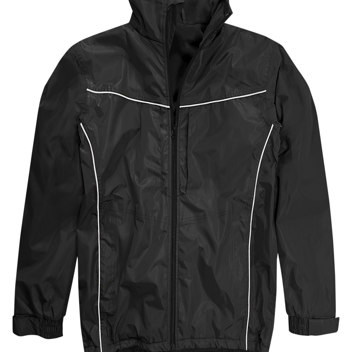 Mens black waterproof jacket with subtle reflective piping, fleece-lined collar, adjustable cuffs, and hem drawcord. Lightweight, breathable, and practical for everyday outdoor use. By MAK Boots & Garments.