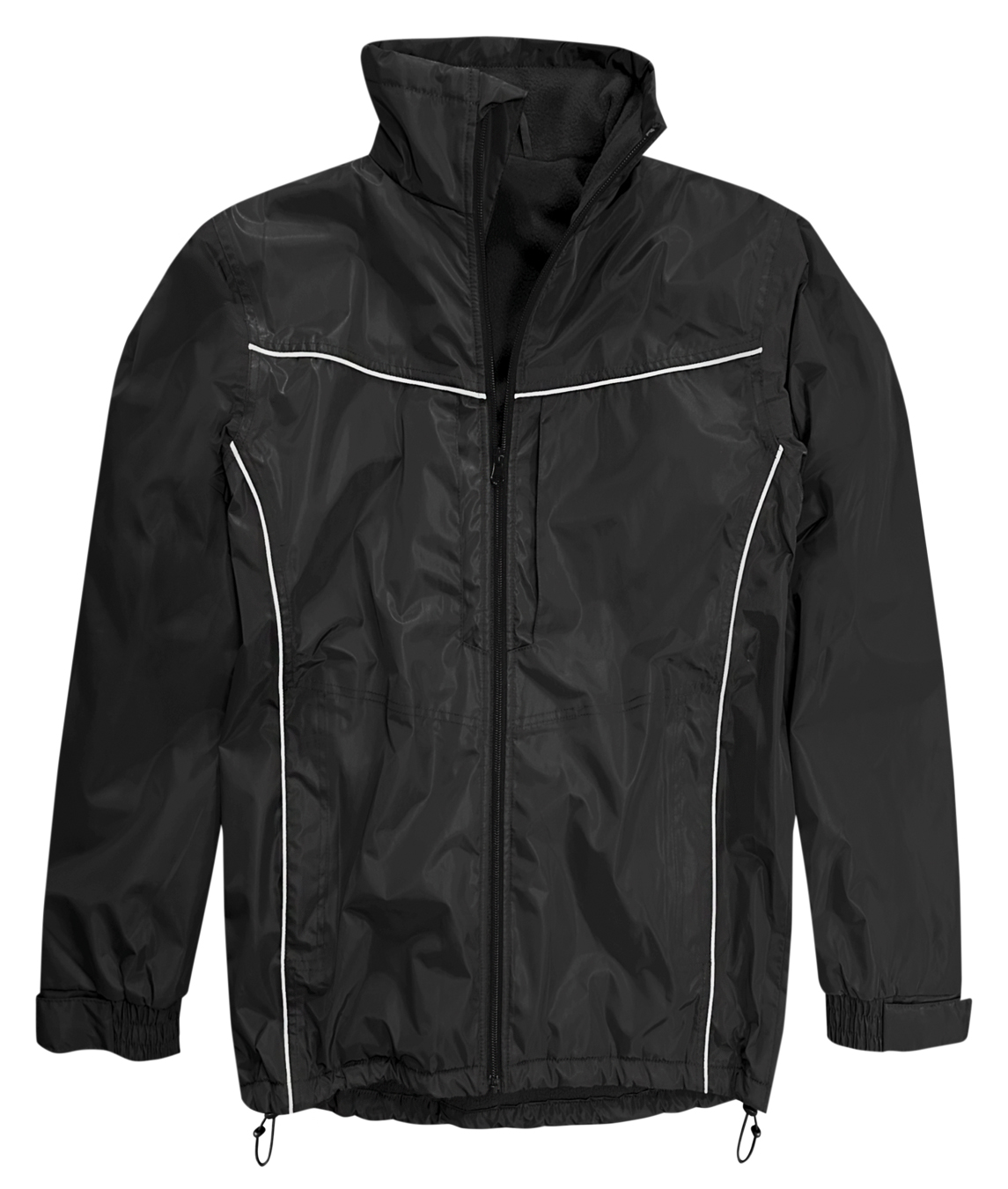 Mens black waterproof jacket with subtle reflective piping, fleece-lined collar, adjustable cuffs, and hem drawcord. Lightweight, breathable, and practical for everyday outdoor use. By MAK Boots & Garments.