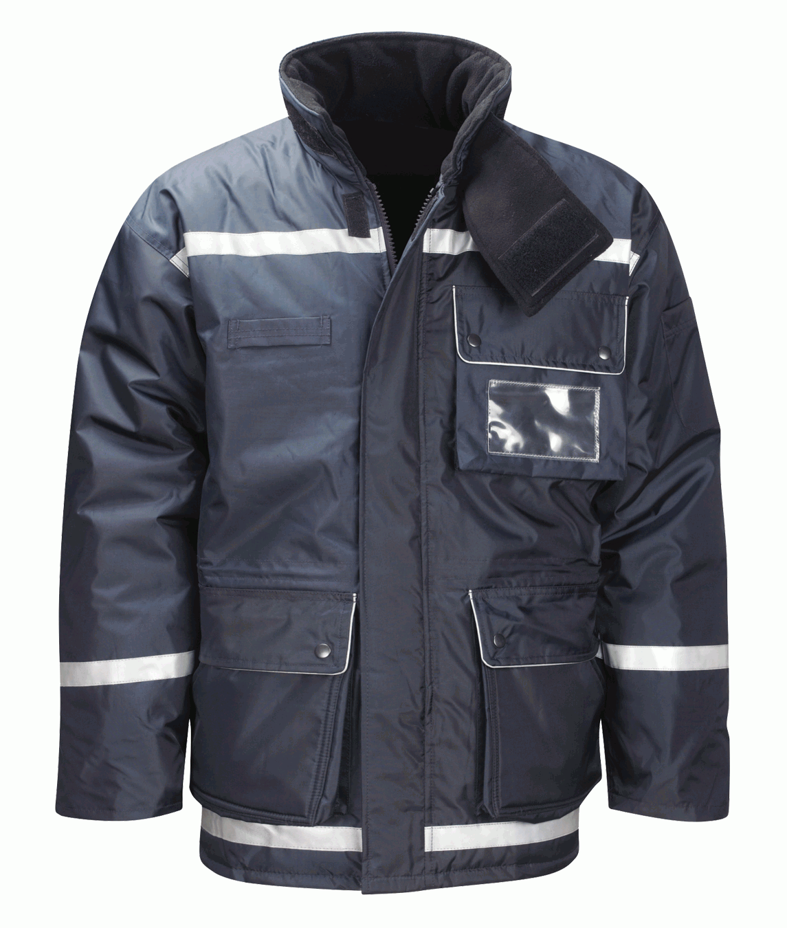 Navy High-Visibility Work Jacket features reflective striping on sleeves, chest, and hem; reinforced with multiple utility pockets including a transparent ID display and Velcro-secured collar tab designed for safety and durability in harsh conditions by MAK Boots & Garments.