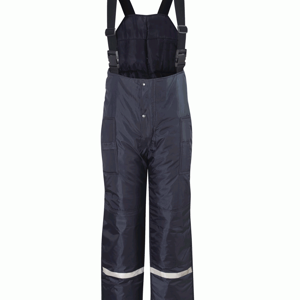 Navy Insulated Bib Overalls with Reflective Tape cold-weather workwear featuring high waist coverage, adjustable shoulder straps, side pockets, and reflective bands at the legs built for durability and visibility in extreme conditions by MAK Boots & Garments.