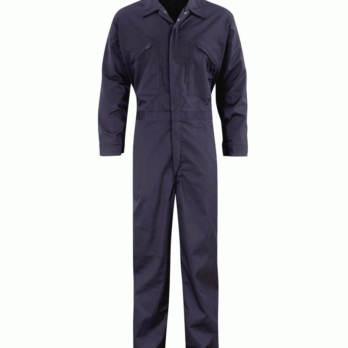 Navy blue coverall for industrial workwear, featuring a full front zip, chest pockets with zippers, and long sleeves for maximum coverage and protection. Durable and professional-grade coverall by MAK Boots & Garments.