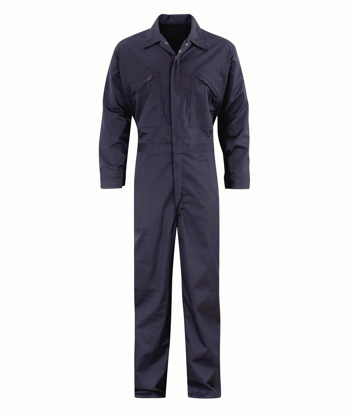 Navy blue coverall for industrial workwear, featuring a full front zip, chest pockets with zippers, and long sleeves for maximum coverage and protection. Durable and professional-grade coverall by MAK Boots & Garments.