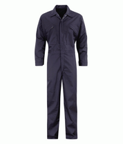 Navy blue coverall for industrial workwear, featuring a full front zip, chest pockets with zippers, and long sleeves for maximum coverage and protection. Durable and professional-grade coverall by MAK Boots & Garments.