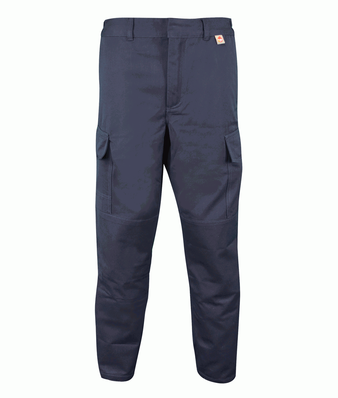 Navy blue flame-retardant work trousers featuring side cargo pockets and reinforced knee panels designed for durability, comfort, and safety in hazardous environments by MAK Boots & Garments.