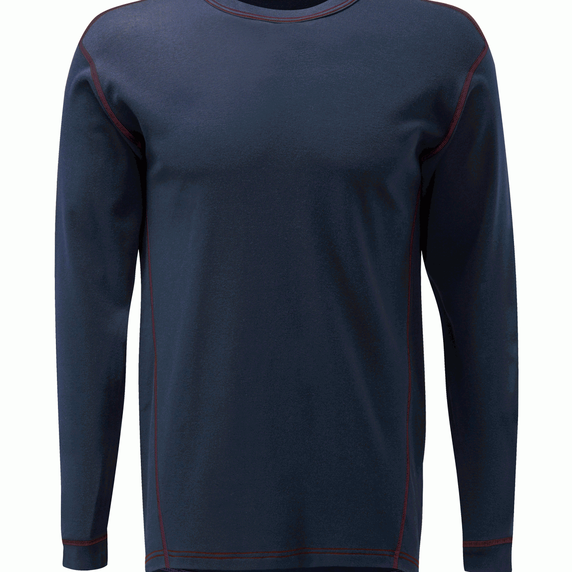 Navy blue long sleeve technical base layer with red stitching and a crew neck design by MAK Boots & Garments.