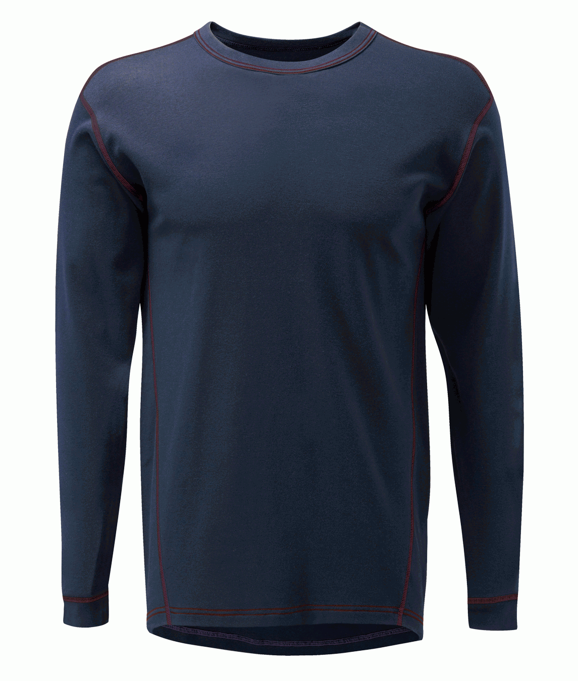 Navy blue long sleeve technical base layer with red stitching and a crew neck design by MAK Boots & Garments.