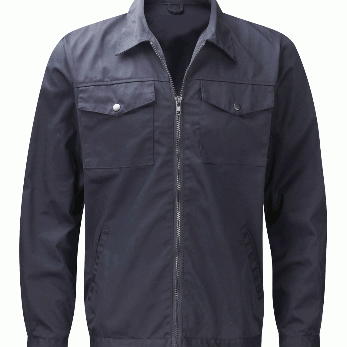 Navy blue zip-up work jacket with dual snap-button chest pockets and side entry pockets, ideal for industrial or construction environments. Durable and practical outerwear by MAK Boots & Garments.