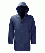 Navy hooded rain jacket with a snap-button front, extended hem, and adjustable drawcord hood, built for lightweight waterproof protection in coastal or wet-weather conditions — by MAK Boots & Garments.
