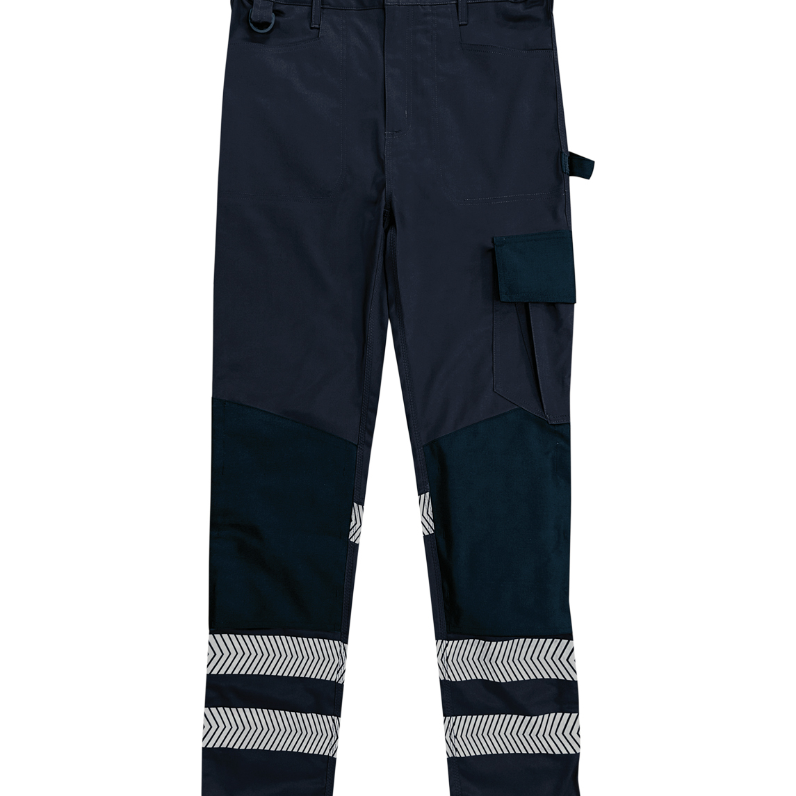 Navy work trousers featuring reflective chevron stripes at the ankles, cargo pocket, tool loops, reinforced knee areas, and elastic waistband for comfortable wear. Durable and practical, ideal for high-visibility needs. By MAK Boots & Garments.